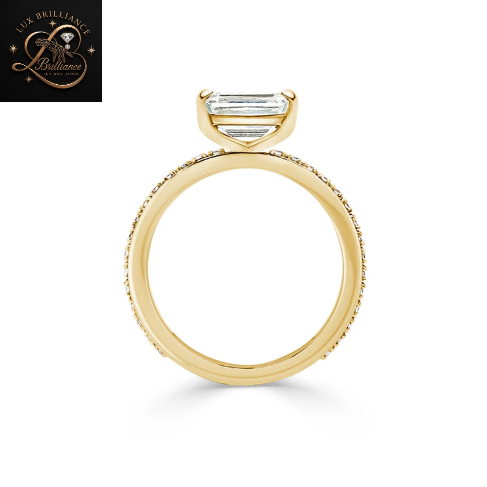 East West Emerald Cut Lab Diamond Engagement Ring | 14K Yellow Gold Pave Diamond Band | Solitaire Ring
