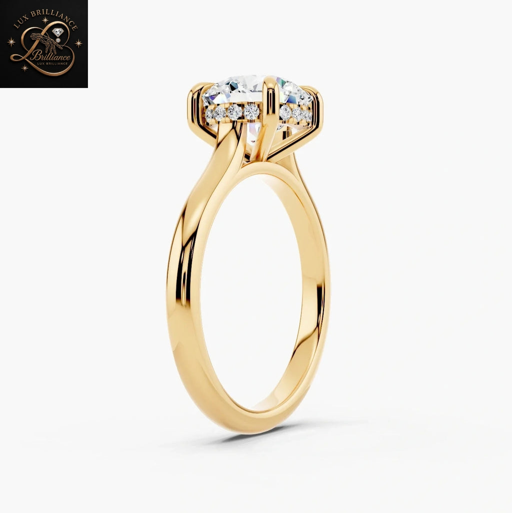 Round Cut Solitaire Anniversary Ring with Hidden Halo| 14K Yellow Gold Bridal Ring