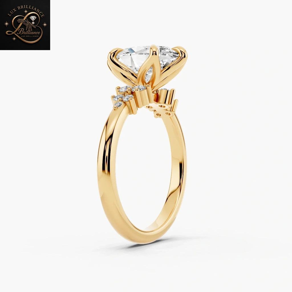 Oval Cut Diamond Bridal Ring with Cluster Accent Shoulders and Tulip Petal Basket