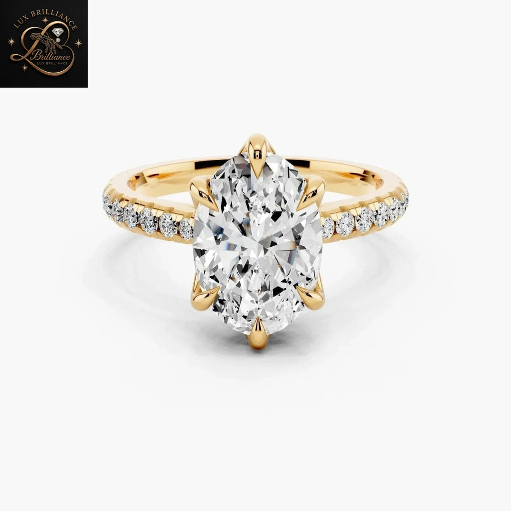 Oval Cut Diamond Engagement Ring with Pavé Band in Tulip Petal Setting 18K Yellow Gold