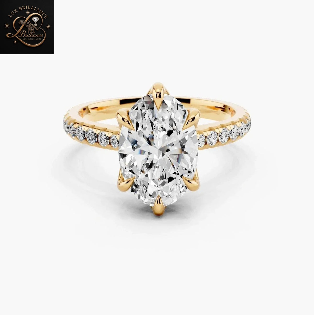 Oval Cut Diamond Engagement Ring with Pavé Band in Tulip Petal Setting 18K Yellow Gold
