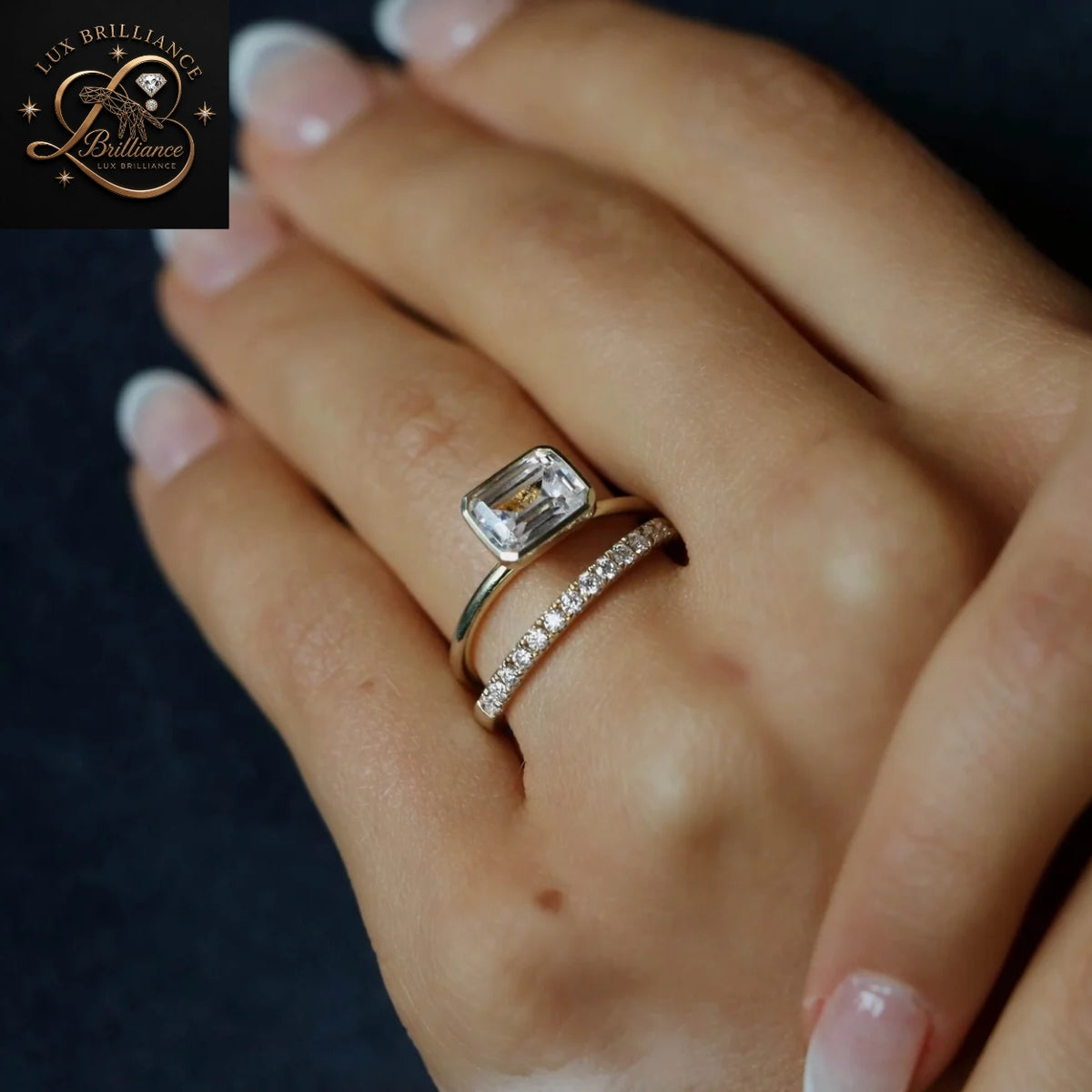 East-West Emerald Cut Diamond Full Bezel Solitaire Ring in Yellow Gold | gift for her