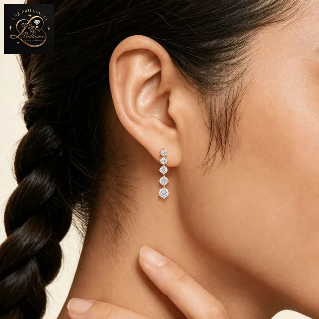 Graduated Round Cut Diamond Vertical Drop Earrings | Gold Dangle Studs