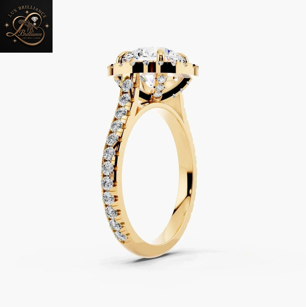 2 CT Round Brilliant Cut Diamond Halo Engagement Ring with Pavé Band | 14K Yellow Gold Promise Ring