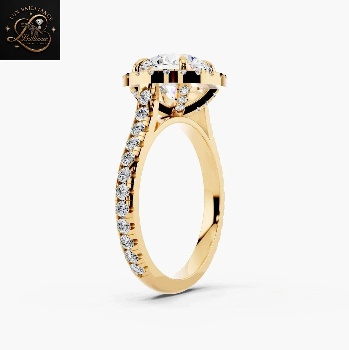 2 CT Round Brilliant Cut Diamond Halo Engagement Ring with Pavé Band | 14K Yellow Gold Promise Ring