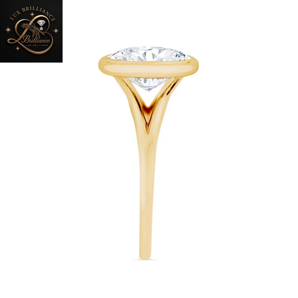Bezel Set Oval Diamond Engagement Ring | Split Shank Yellow Gold Ring | Anniversary Ring For Gift