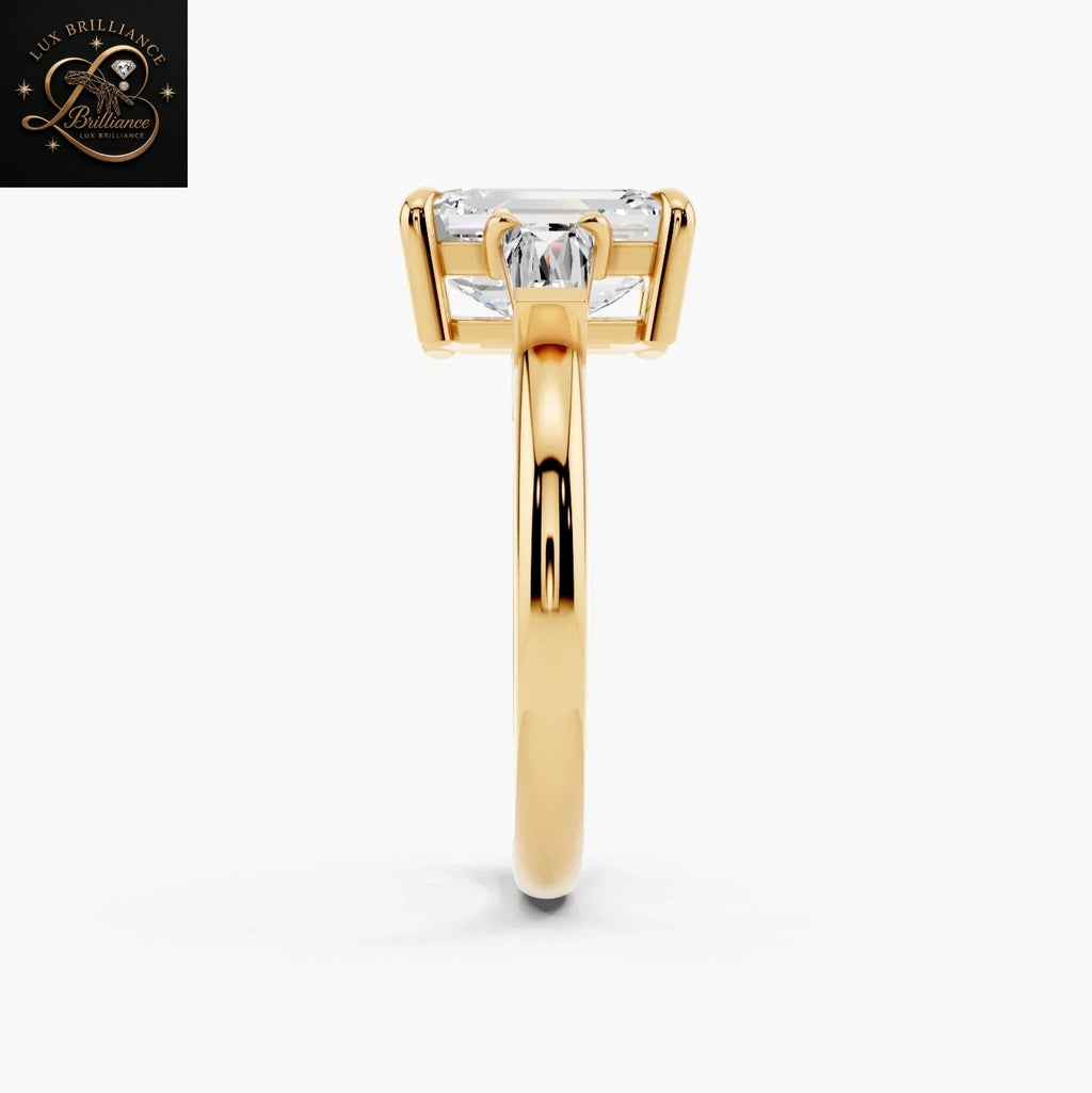 18K Yellow Gold Classic Three Stone Emerald Cut and Tapered Baguette Lab Diamond Ring