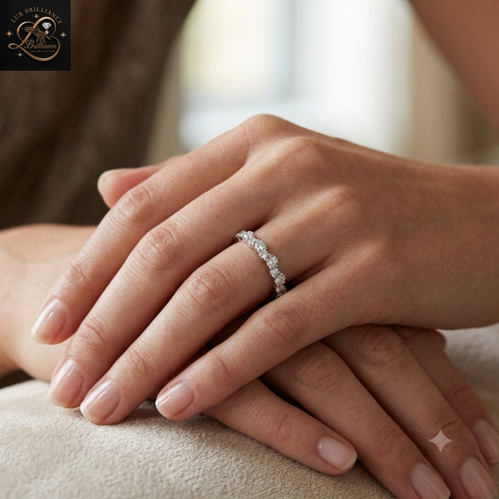 Wavy Round Cut Scalloped Lab Ground Diamond Band |14K White Gold Eternity Ring |Gift For Her