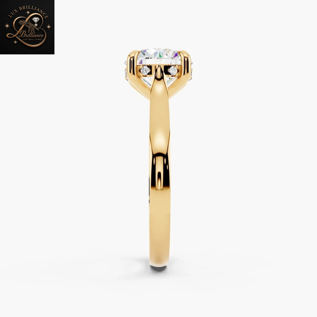 Round Cut Solitaire Engagement Ring with Hidden Halo and Under-Gallery Bridge Pavé | 14K Yellow Gold