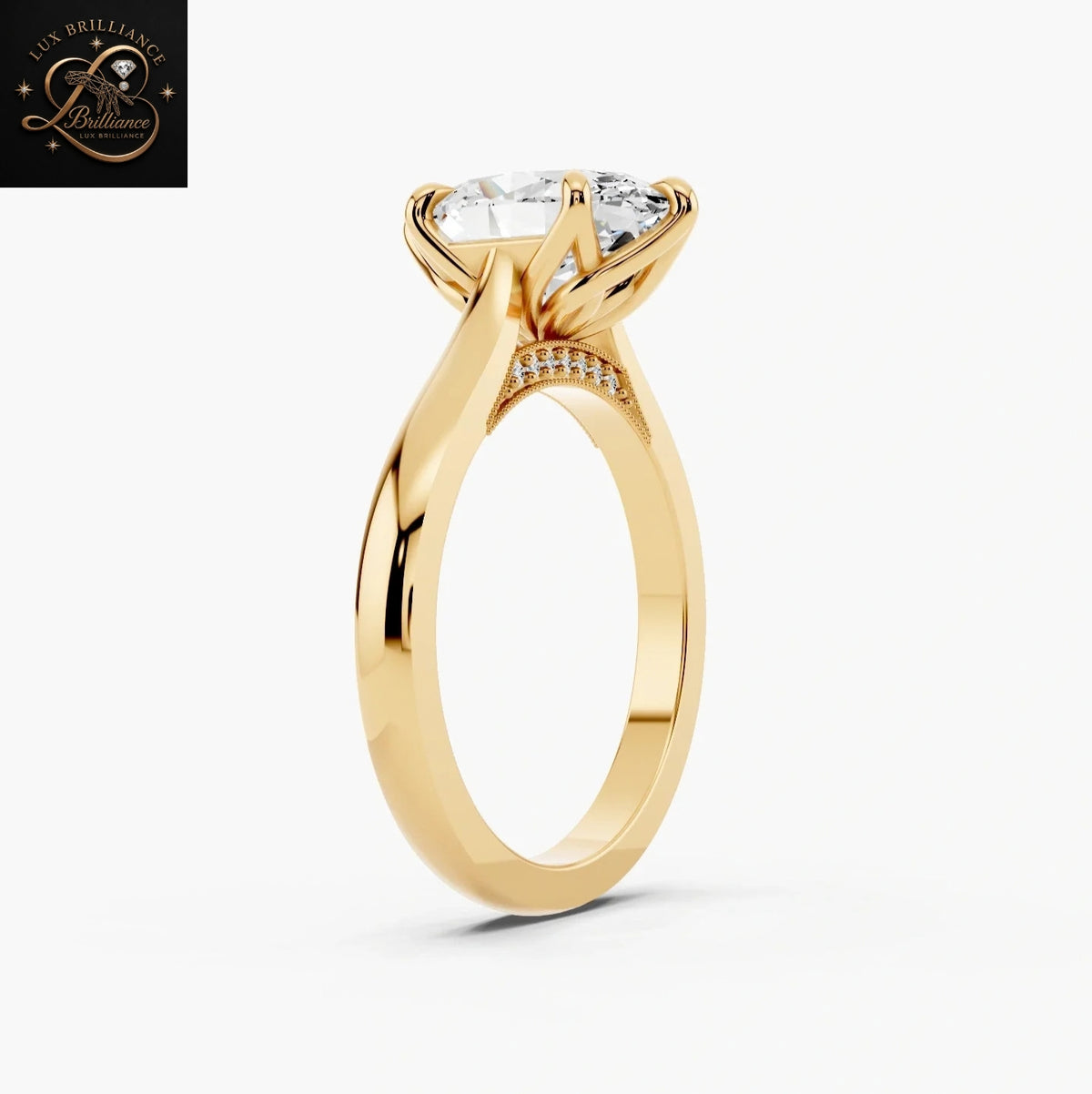 Oval Cut Solitaire Engagement Ring | Tulip Petal Basket and Pave Diamond Bridal Ring