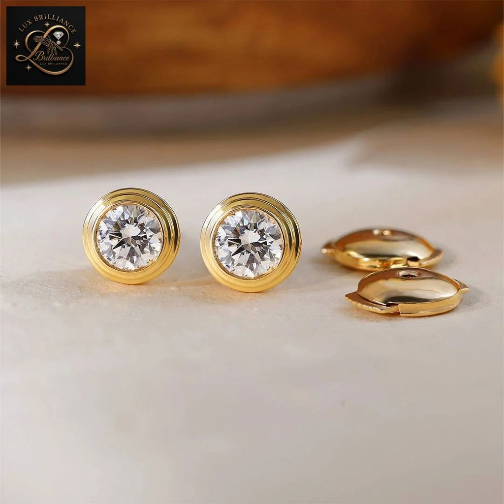 Bezel Set Round Diamond Solitaire Studs | 14K Solid Gold Screw Back Earrings (Copy)