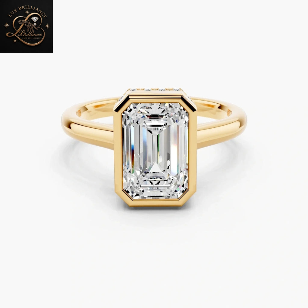 Emerald Cut Diamond  Engagement Ring | Hidden Halo in 14K Yellow Gold Bridal Ring