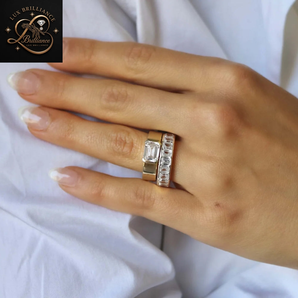 East-West Emerald Cut Diamond Bezel Ring | Yellow Gold Wedding Ring  | Gift for her