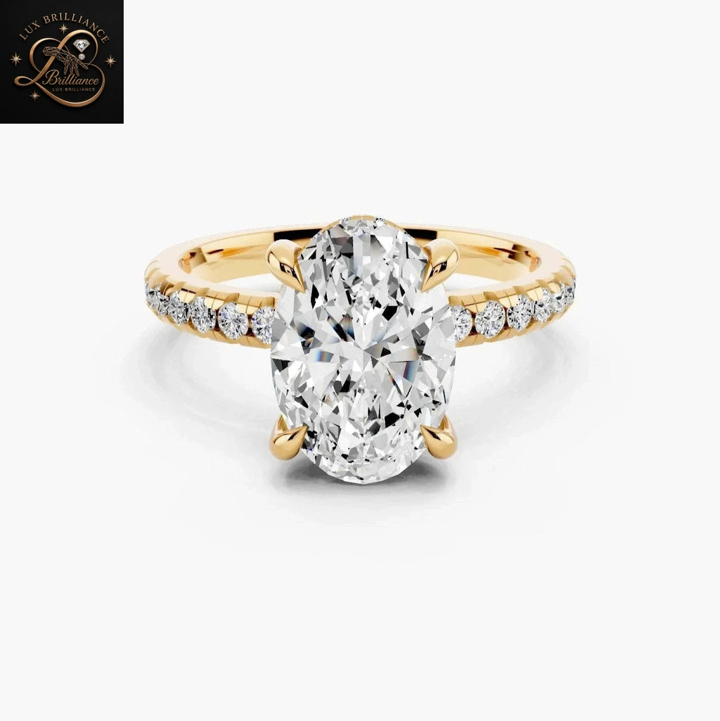 2 Ct Oval Cut Diamond Engagement Ring with Pavé Band and Hidden Halo