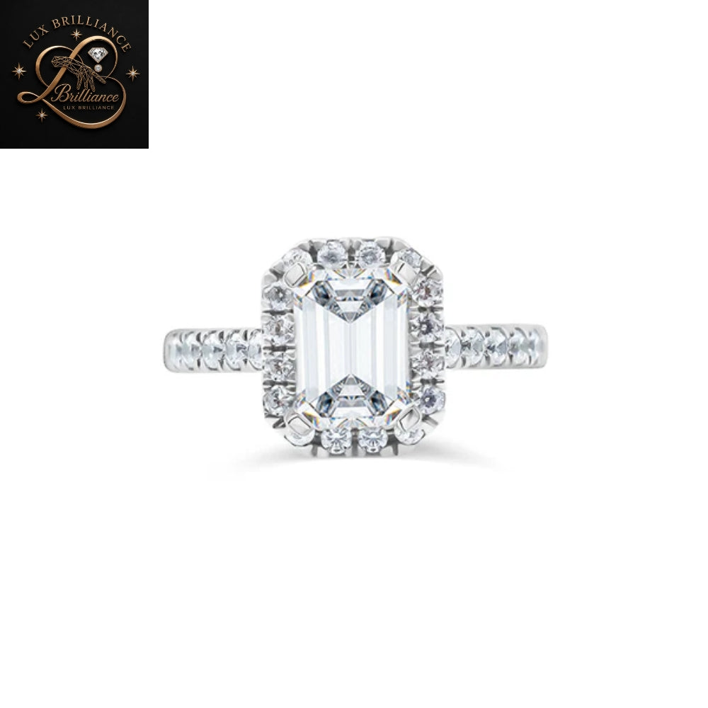 Emerald Cut Diamond Engagement Ring | Halo Solitaire White Gold Ring | Engagement Ring