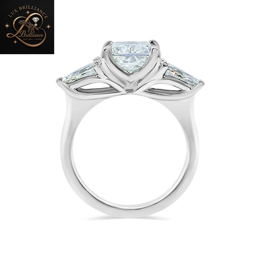 Cushion Cut Diamond Three Stone Engagement Ring with Pear Cut Side Stones| 18K White Gold  Ring