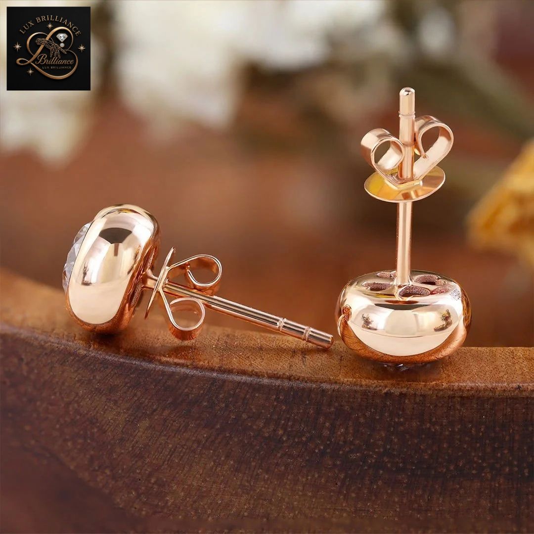 Bezel Set Round Diamond Solitaire Stud Earrings | 18K Rose Gold