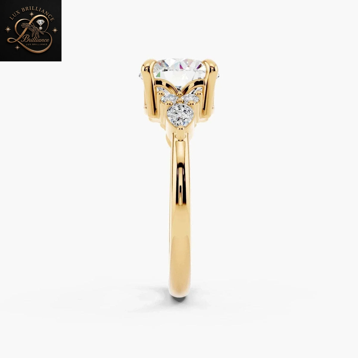 Classic Round Cut Diamond Engagement Ring with Pear and Round Cluster Side Stones
