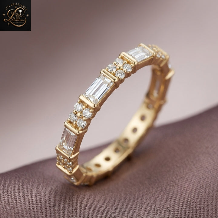 Alternating Round & Baguette Eternity Ring | Lab Diamond Statement 18K Yellow Gold Ring |Gift For Her