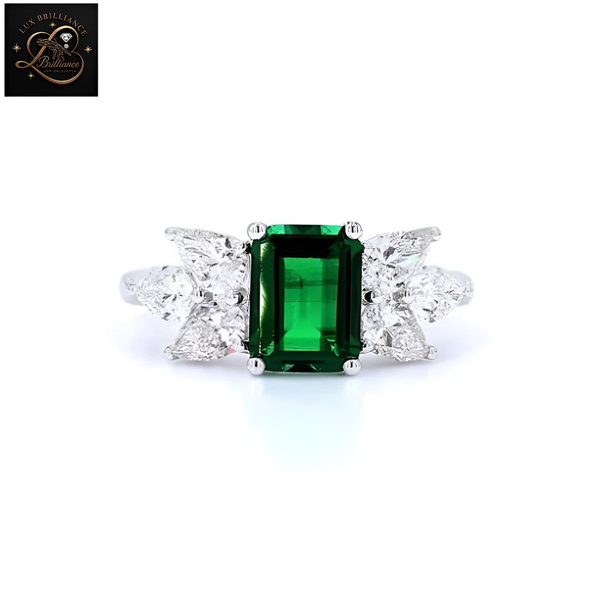 Emerald Cut Green Gemstone Engagement Ring | Pear Diamond Cluster Side Stones Ring