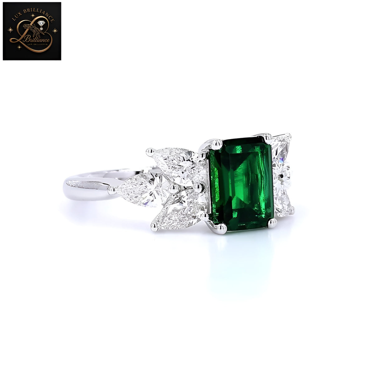 Emerald Cut Green Gemstone Engagement Ring | Pear Diamond Cluster Side Stones Ring