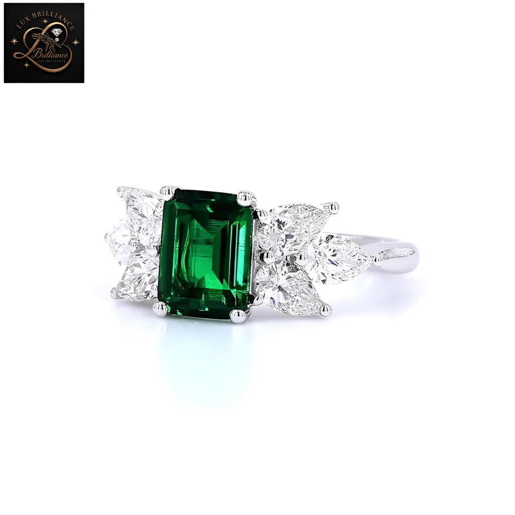 Emerald Cut Green Gemstone Engagement Ring | Pear Diamond Cluster Side Stones Ring