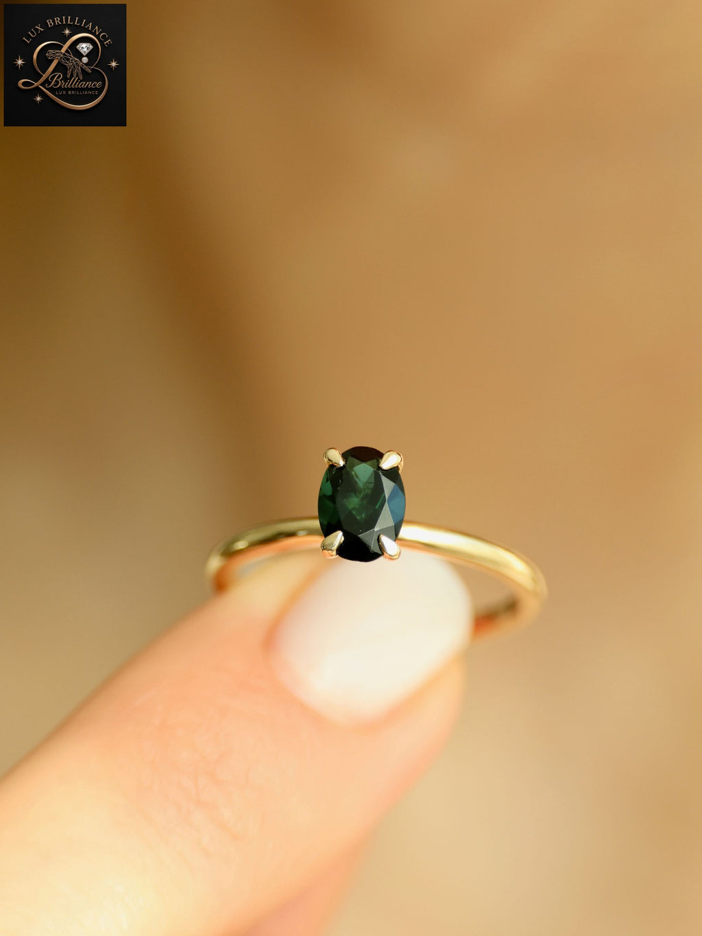 3Ct Oval Cut Deep Forest Green Sapphire Solitaire Ring | 14K Yellow Gold Ring