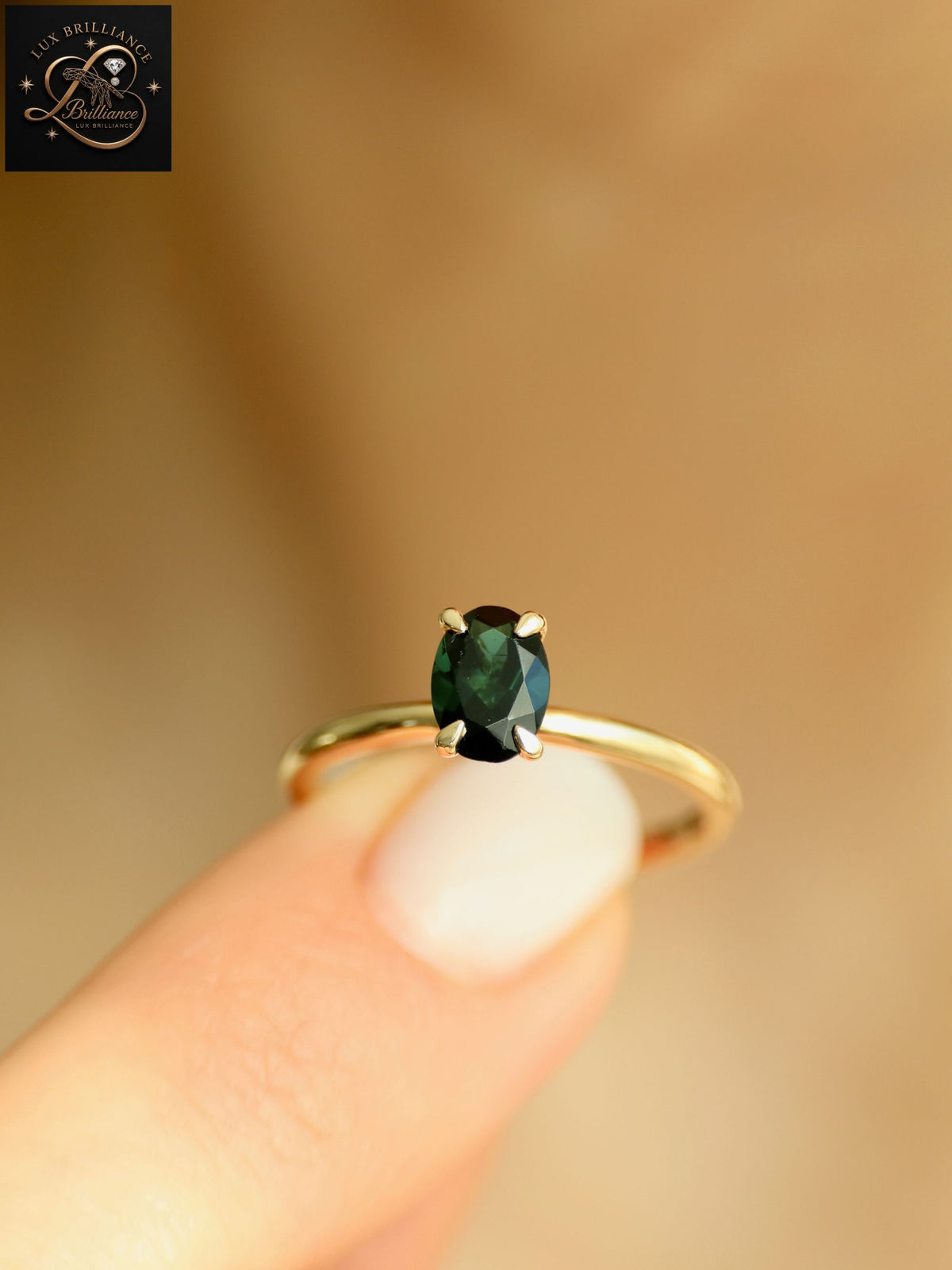 3Ct Oval Cut Deep Forest Green Sapphire Solitaire Ring | 14K Yellow Gold Ring