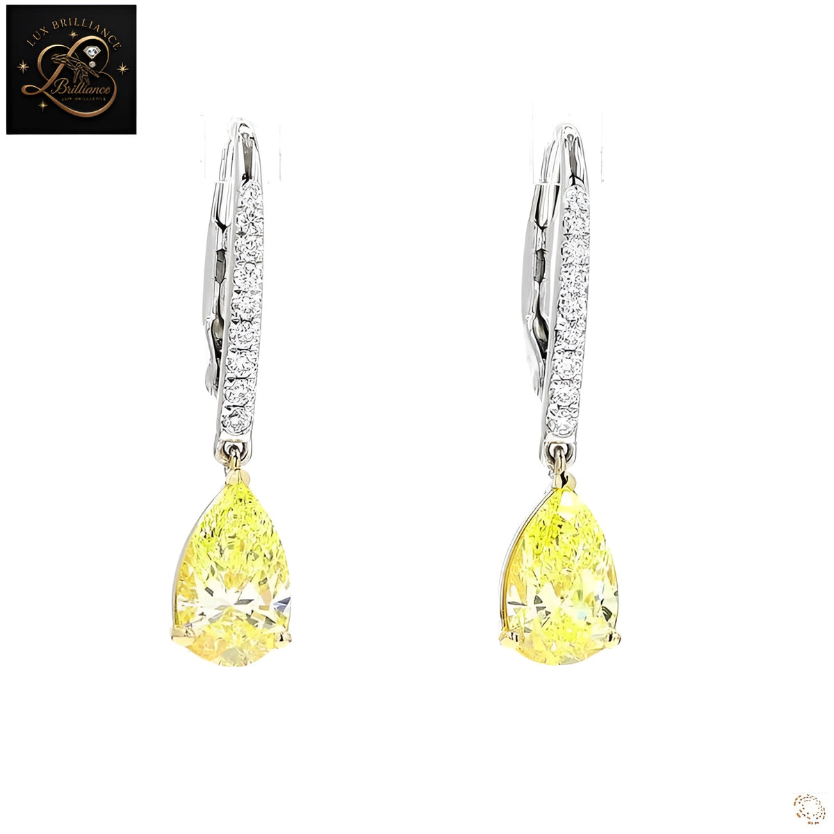 Yellow Pear Cut Lab-Grown Diamond  Earrings | Lever back Drop 14K White Gold Earrings