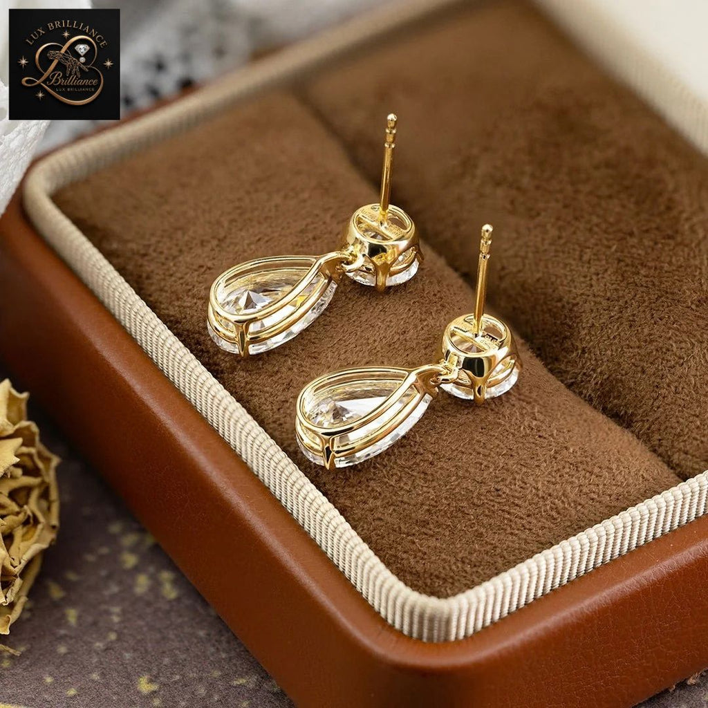 Round and Pear Shape Diamond Drop Earrings in 14K Solid Gold | Dangle Earrings