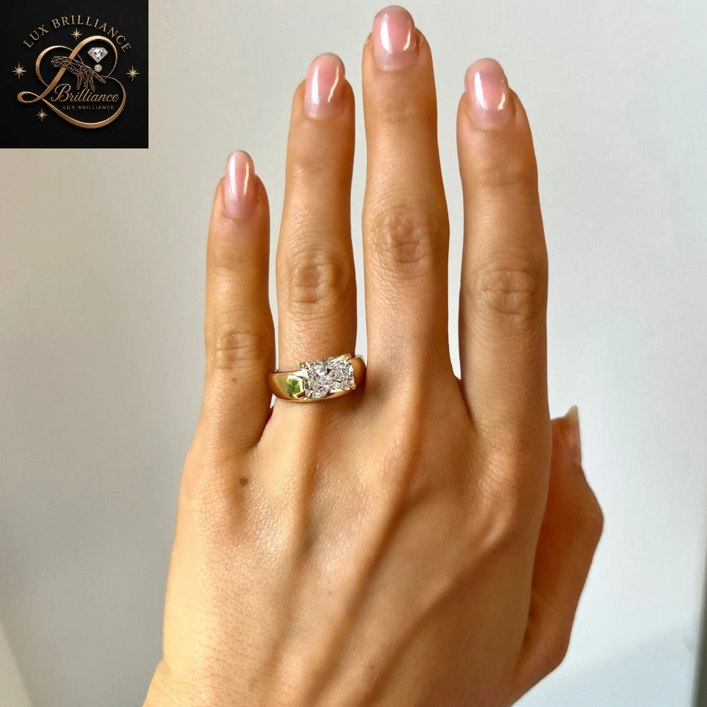 East-West Elongated Radiant Diamond Ring | Wide Band Solitaire 4-Prong Ring | Classic Ring