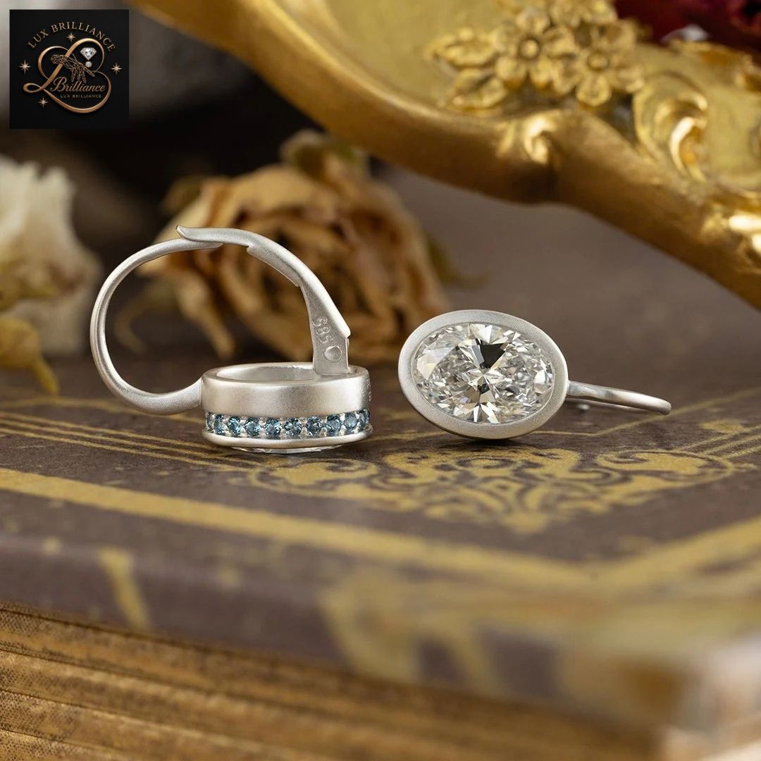 14K White Gold Bezel Oval Diamond Solitaire Earrings | Lever back Dangle
