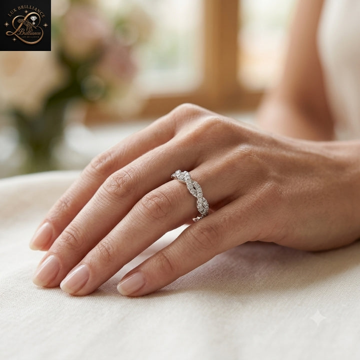 Round Cut Twisted Vine Pave Band | White Gold Lab Diamond Elegant Eternity Band | Gift For Her
