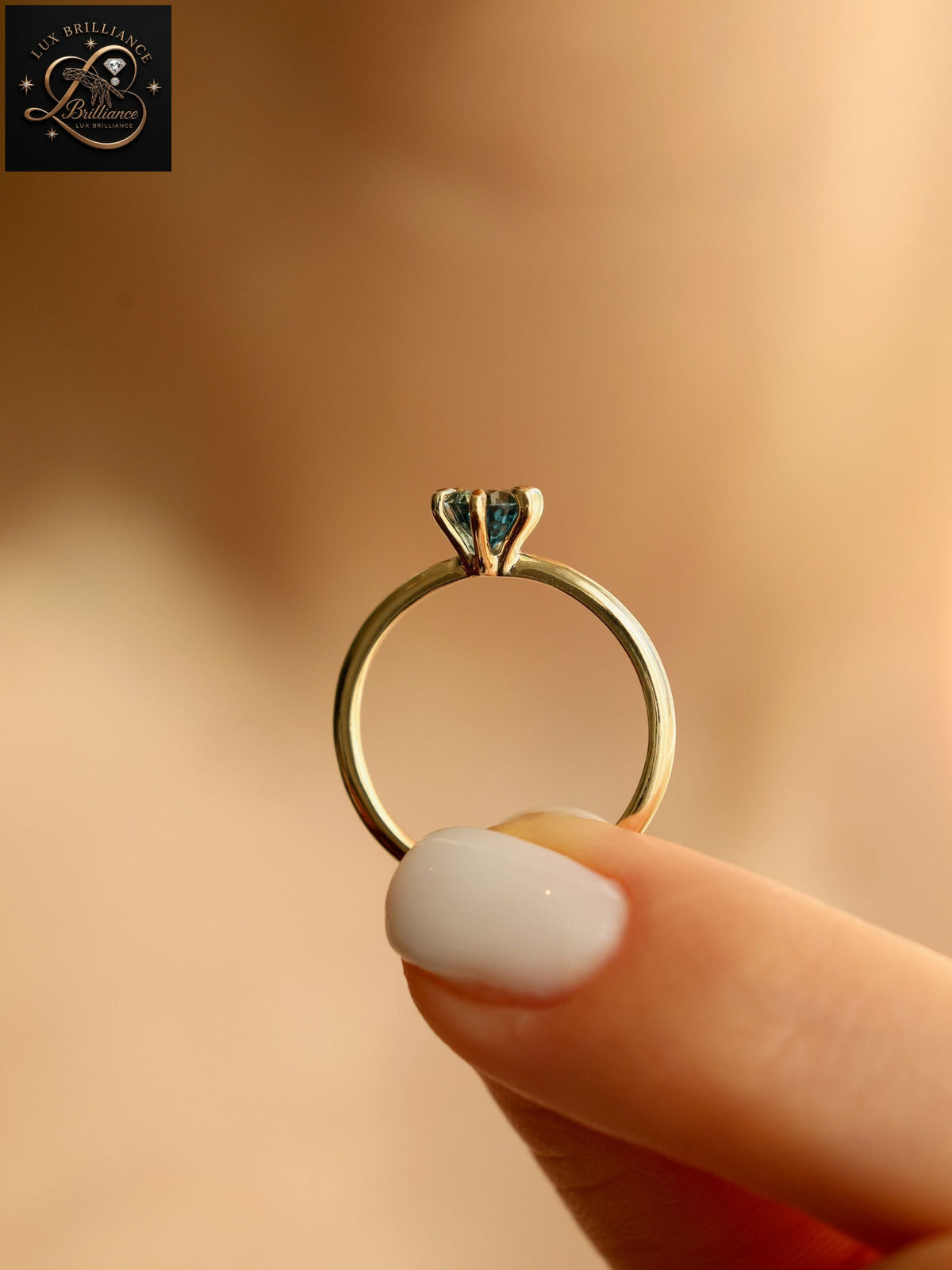 Minimalist Teal Blue Round Diamond Solitaire Ring | 6-Prong 14K Yellow Gold  Fine Jewelry