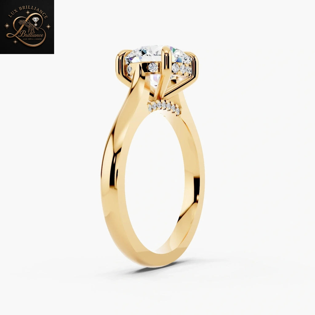 Round Cut Solitaire Engagement Ring with Hidden Halo and Under-Gallery Bridge Pavé | 14K Yellow Gold