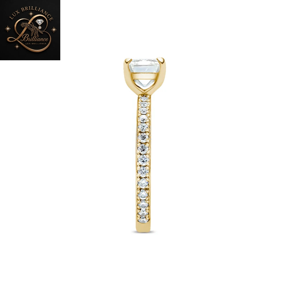 East West Emerald Cut Lab Diamond Engagement Ring | 14K Yellow Gold Pave Diamond Band | Solitaire Ring