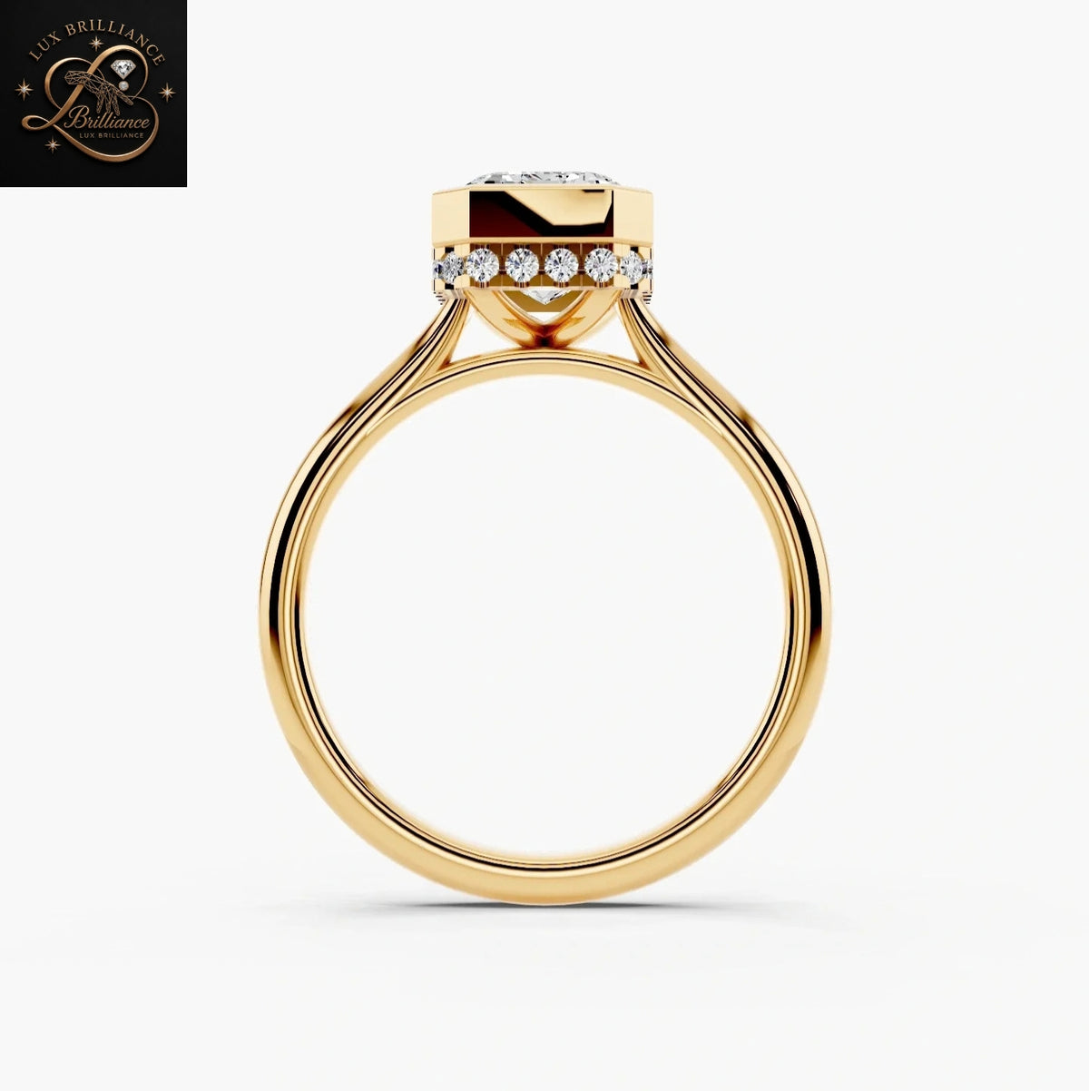 Emerald Cut Diamond  Engagement Ring | Hidden Halo in 14K Yellow Gold Bridal Ring