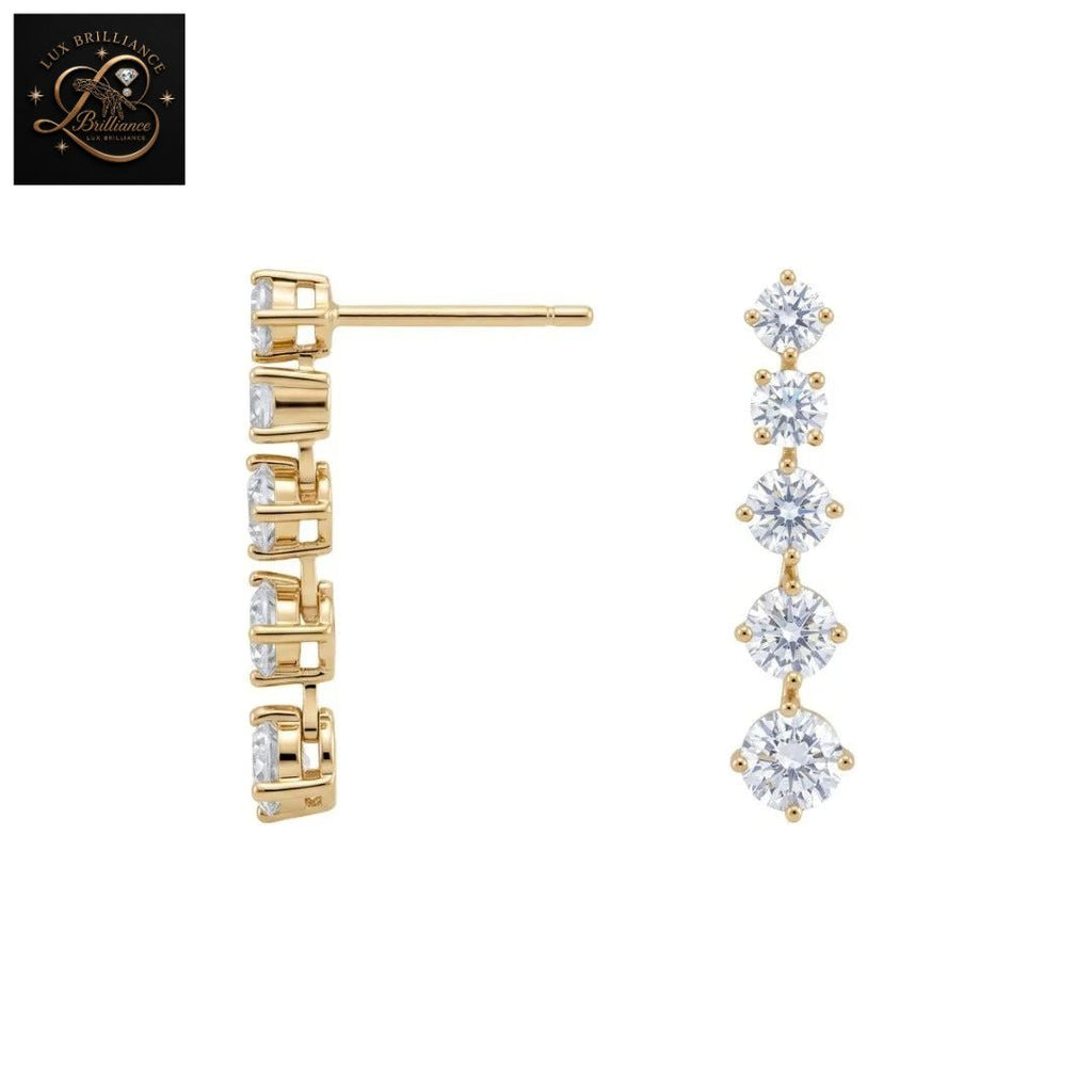Graduated Round Cut Diamond Vertical Drop Earrings | Gold Dangle Studs