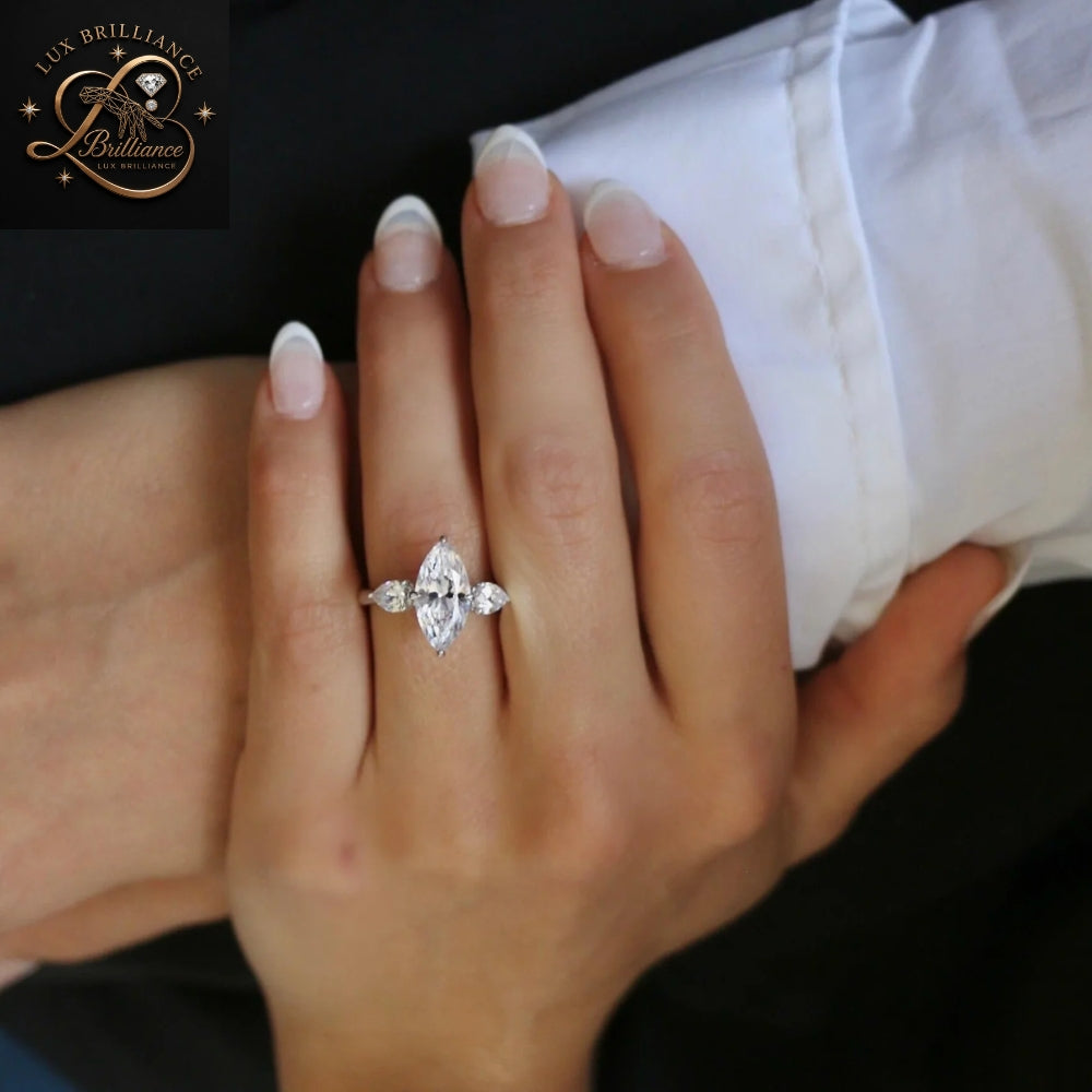 Marquise Cut Diamond Three Stone Engagement Ring with  White Gold / gift for her (Copy) (Copy)