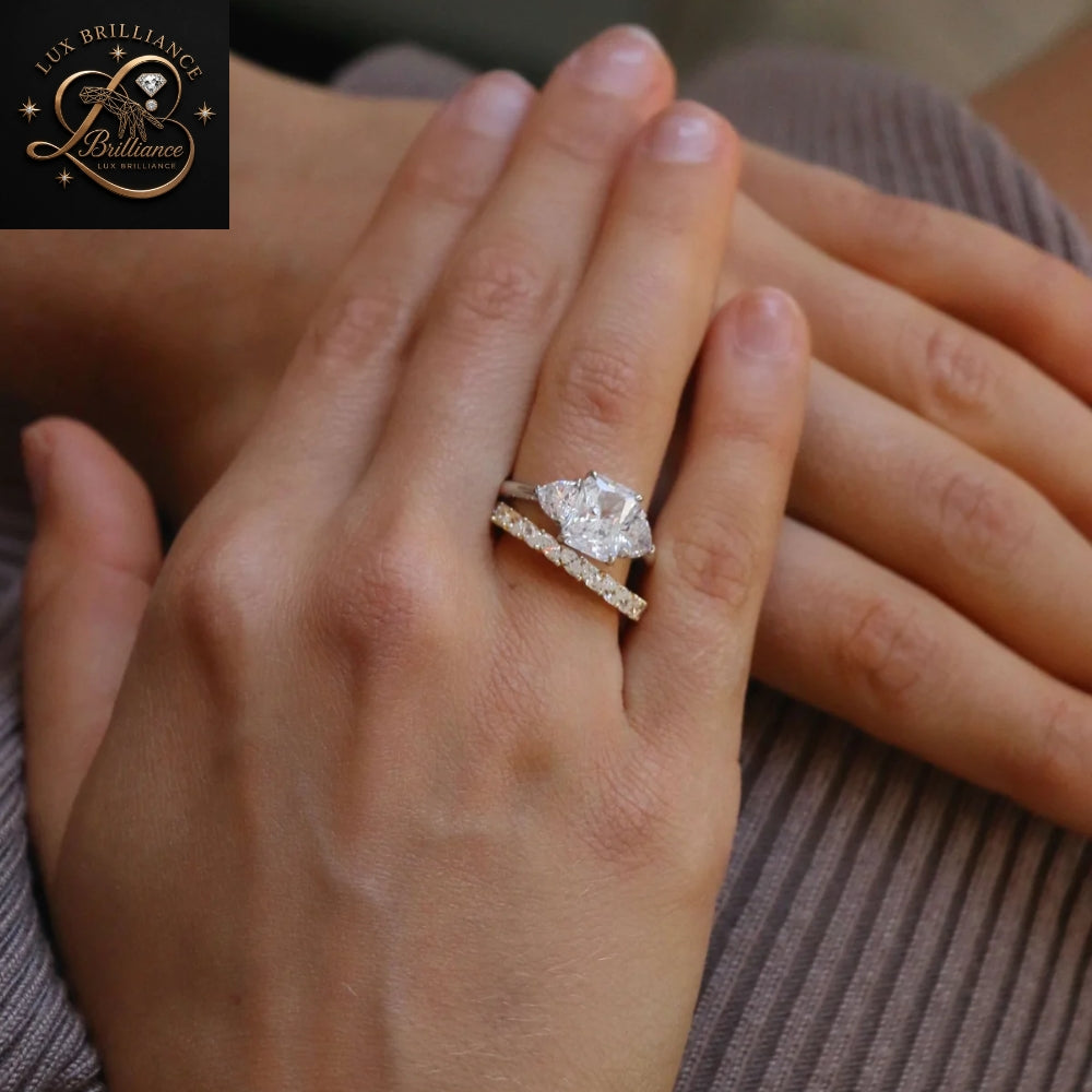 Cushion Cut Three Stone Diamond Engagement Ring |Trillion Side Stones timeless Ring | Gift For Ring