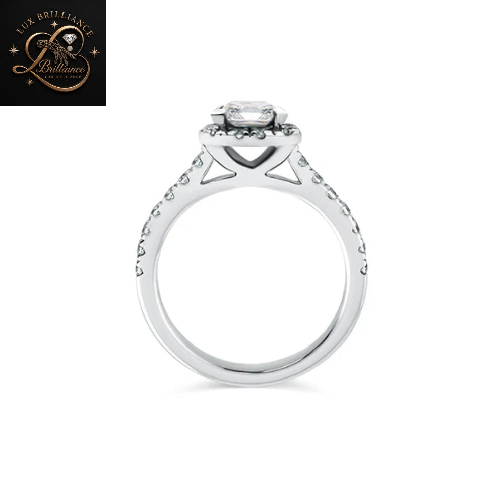 Emerald Cut Diamond Engagement Ring | Halo Solitaire White Gold Ring | Engagement Ring