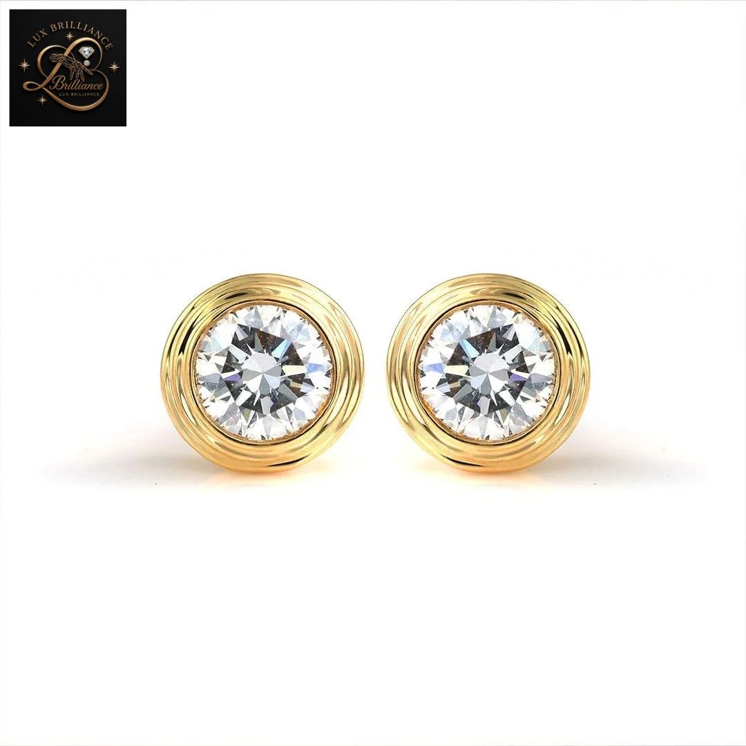 Bezel Set Round Diamond Solitaire Studs | 14K Solid Gold Screw Back Earrings
