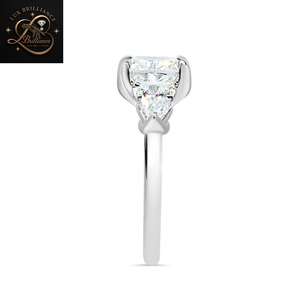 Cushion Cut Diamond Three Stone Engagement Ring with Pear Cut Side Stones| 18K White Gold  Ring