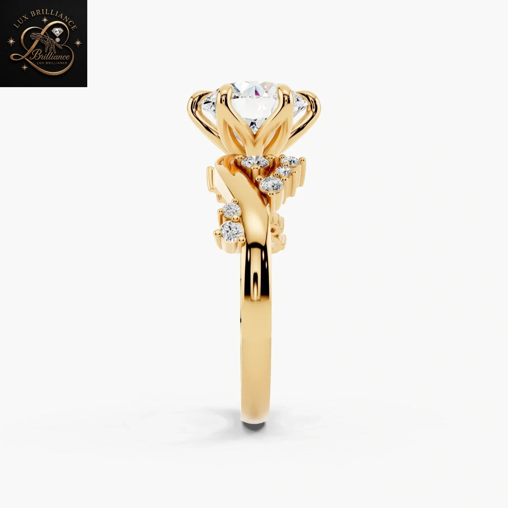 Unique 2.5 CT Round Cut Cluster Engagement Ring | 14K Yellow Gold Tulip Solitaire Ring