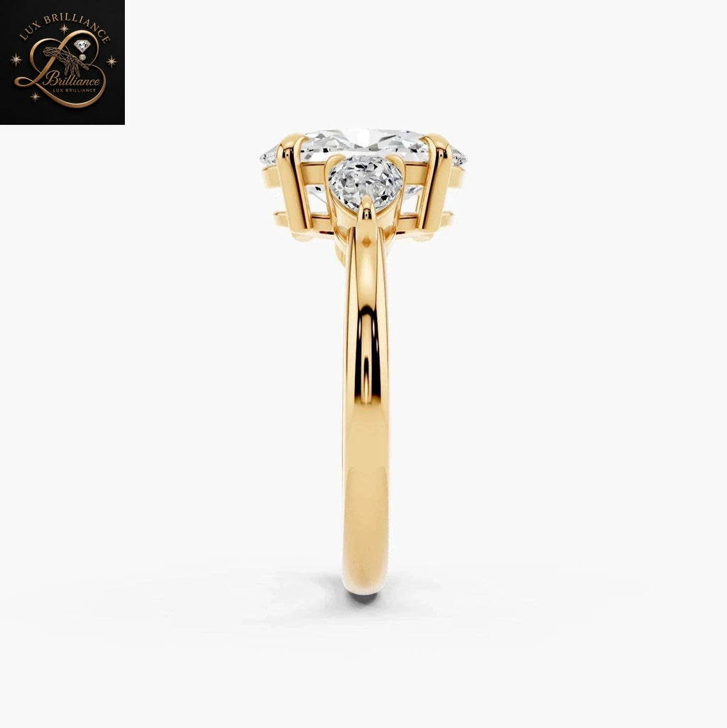 Oval  Diamond Three Stone Engagement Ring | Pear Side Stone 18k Yellow Gold Ring For Her
