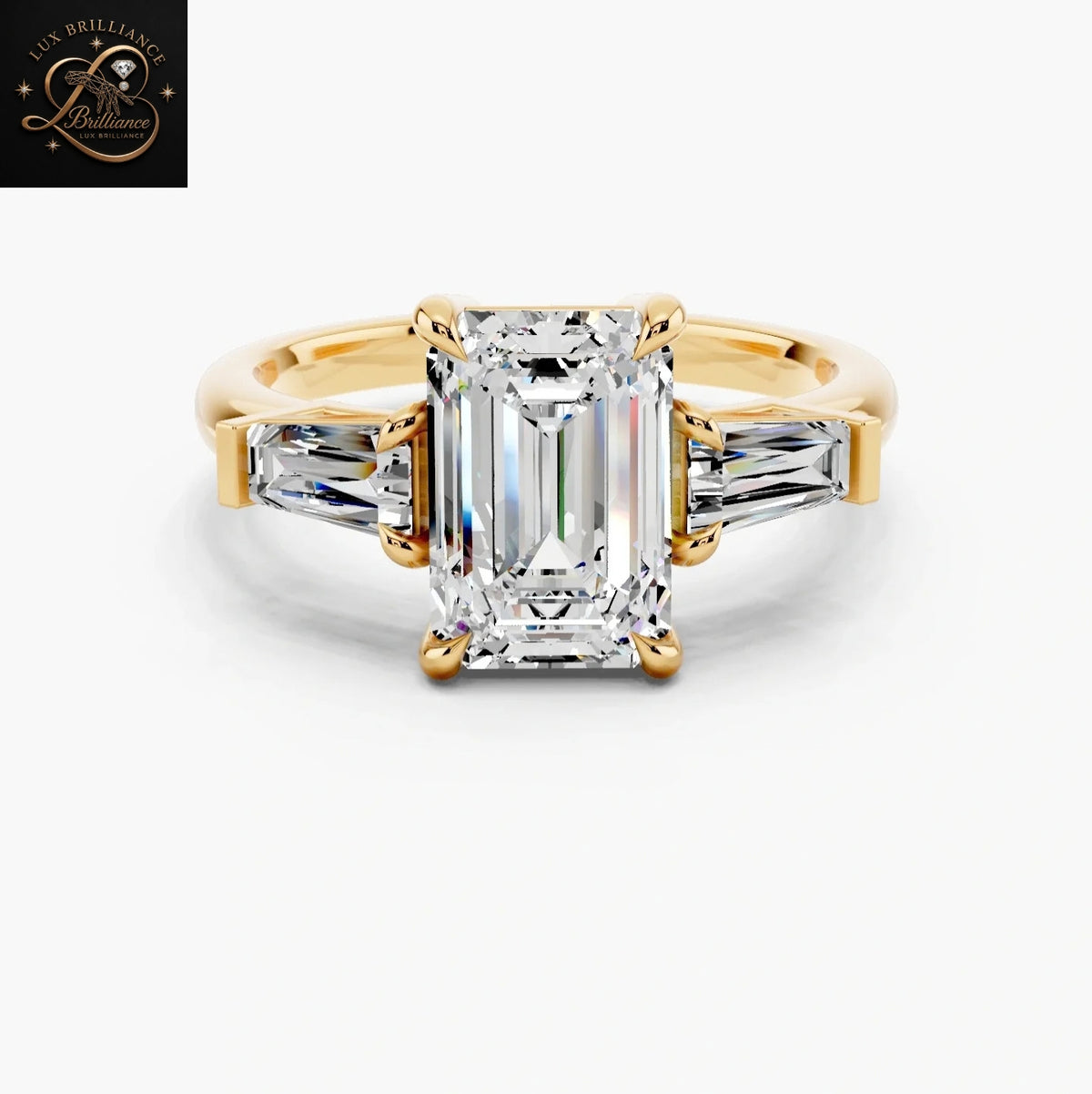 18K Yellow Gold Classic Three Stone Emerald Cut and Tapered Baguette Lab Diamond Ring