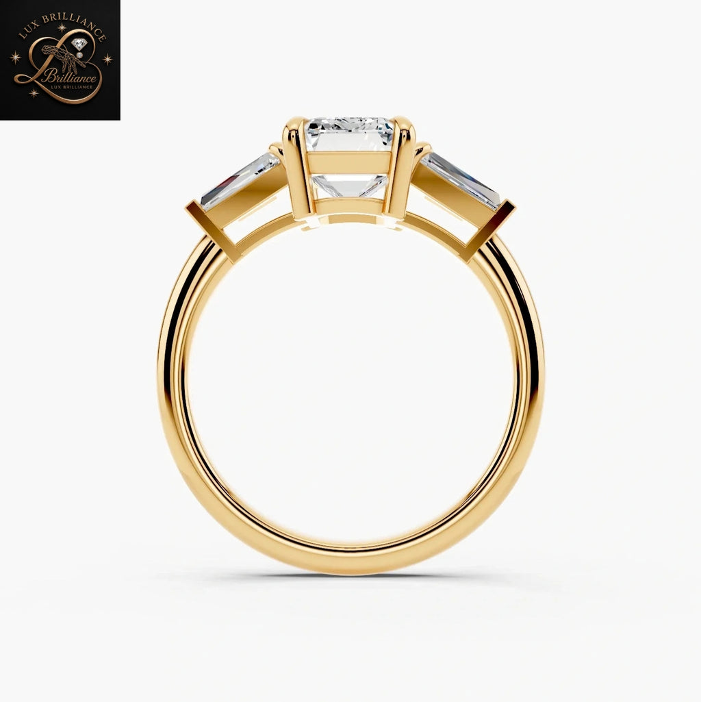 Antique Emerald Cut Three Stone Engagement Ring with Tapered Baguettes Ring in Yellow Gold