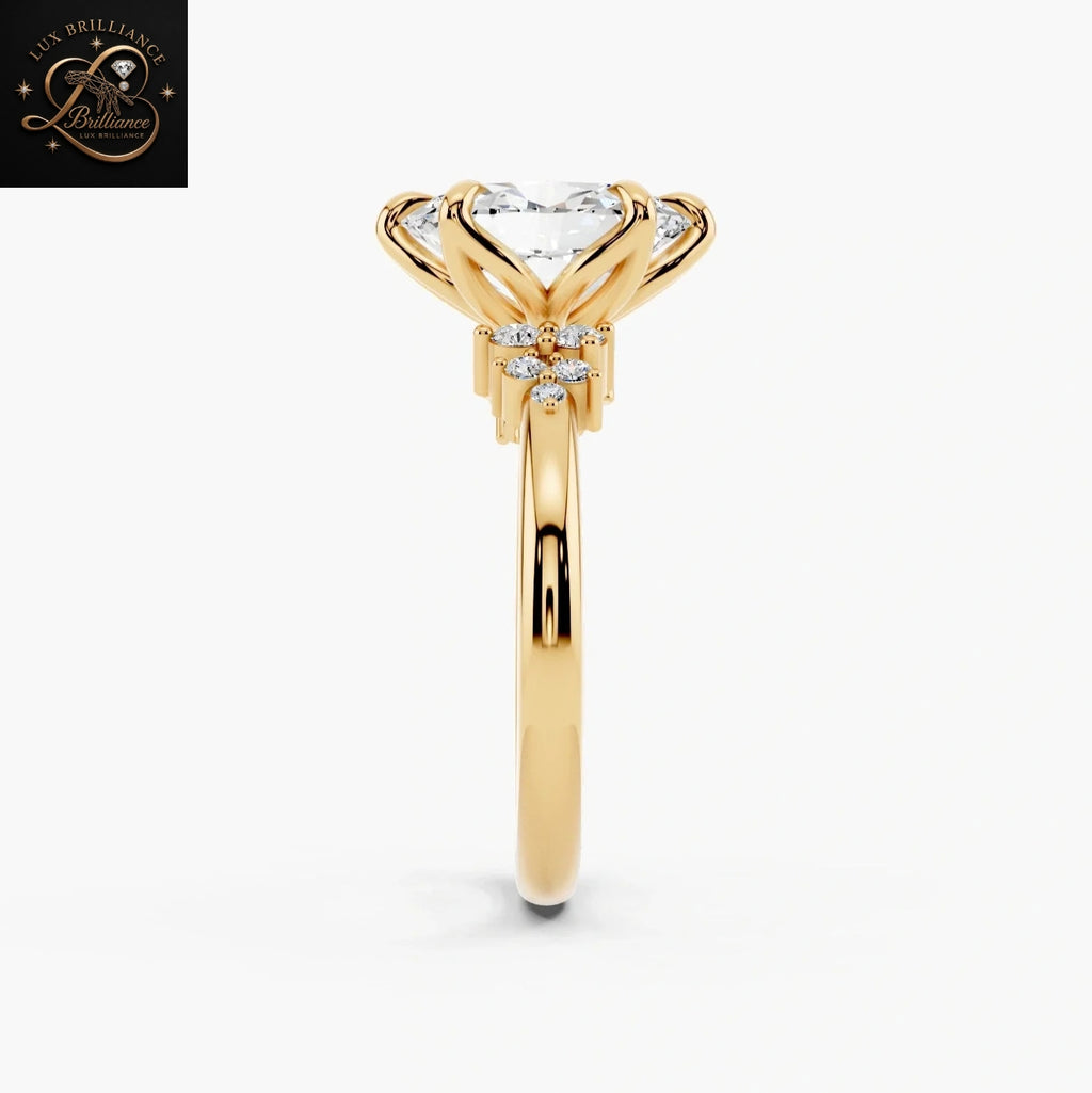 Oval Cut Diamond Bridal Ring with Cluster Accent Shoulders and Tulip Petal Basket