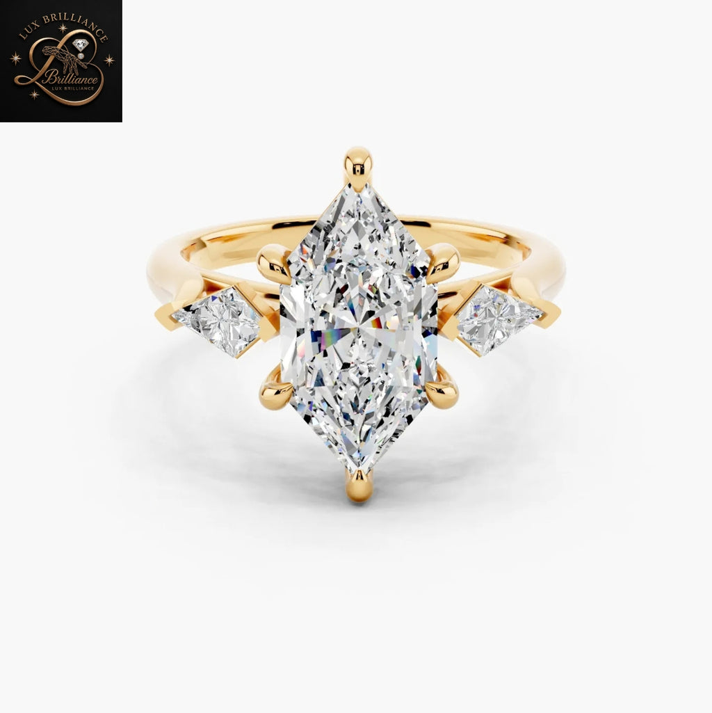 Marquise Diamond Three Stone Engagement Ring | Kite Cut Accent Band