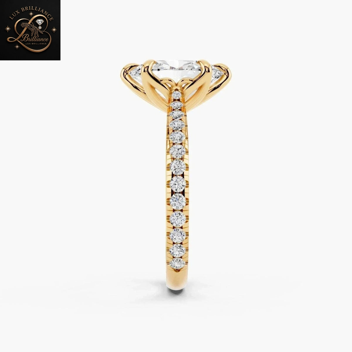 Oval Cut Diamond Engagement Ring with Pavé Band in Tulip Petal Setting 18K Yellow Gold